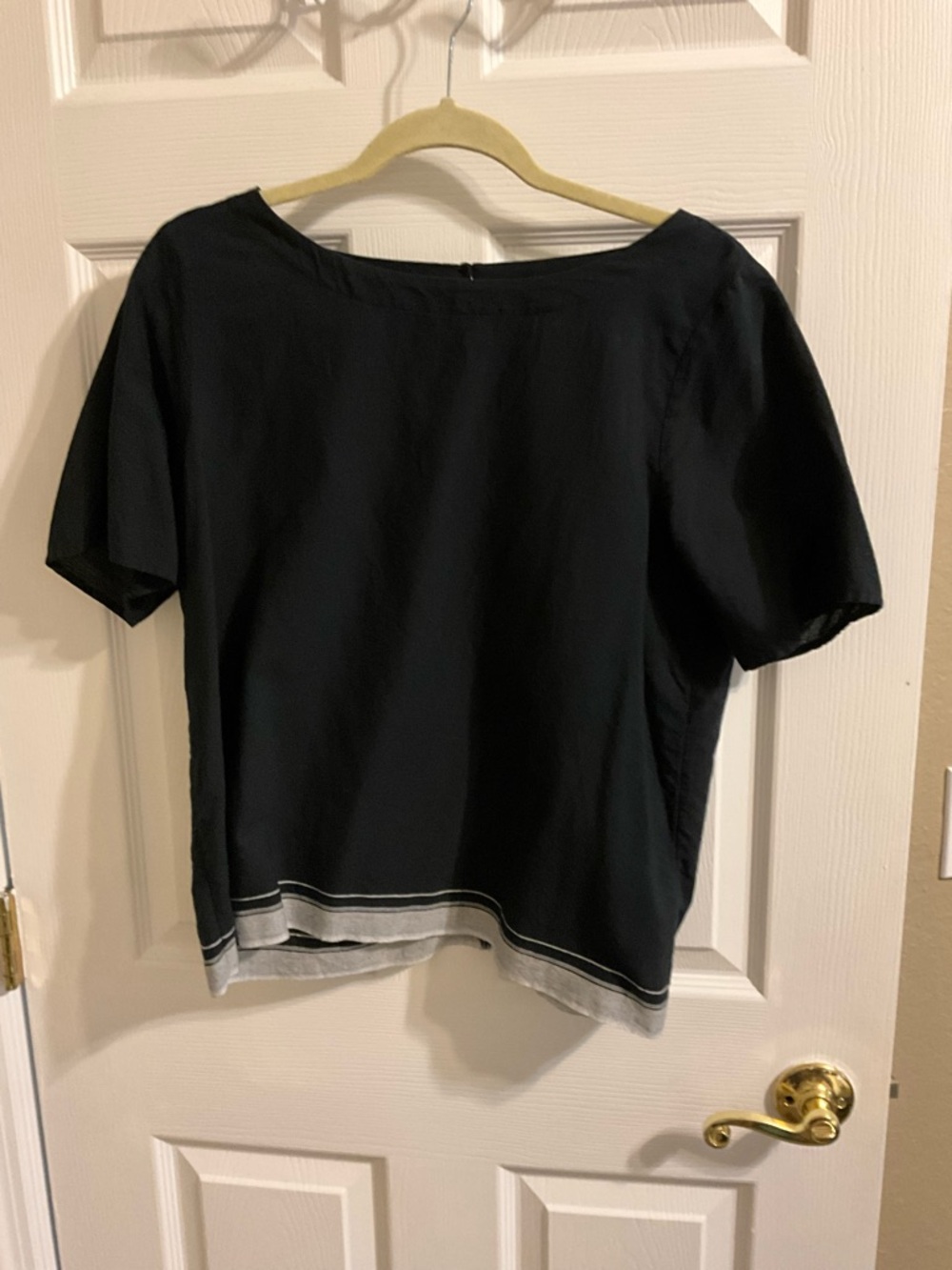 Eileen Fisher Black Short-Sleeve Boatneck Top with Gray Stripe Hem